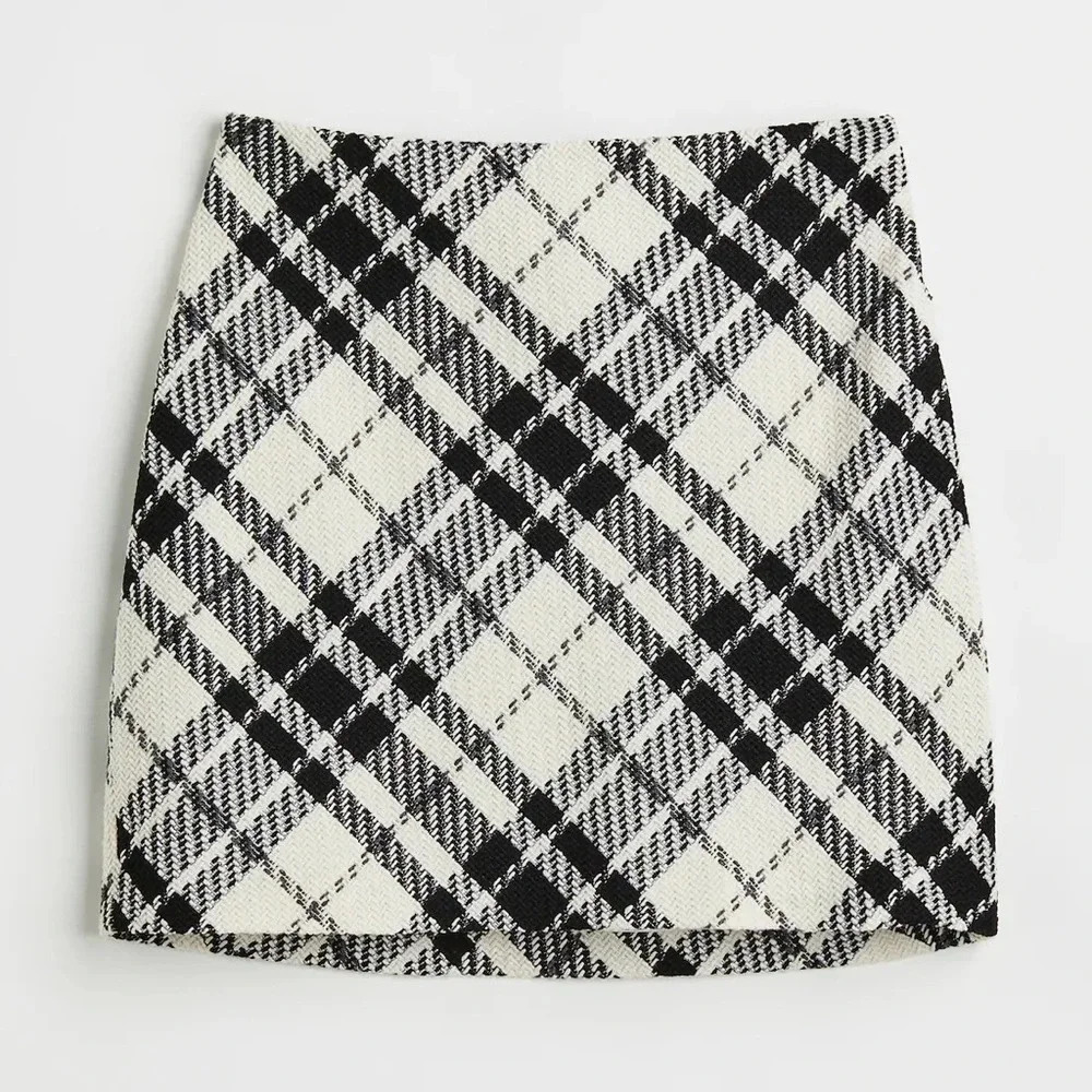 H&M tweed mini skirt plaid high waisted lined elastic wool neutral stretchy